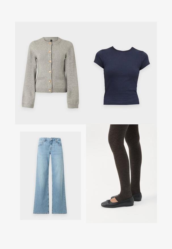 Cardigan en maille gris clair avec un col rond, des manches longues et des boutons dorés sur le devant. Il dispose de deux poches avant.; T-shirt bleu marine, ajusté, manches courtes avec encolure ronde, présenté sur un fond gris clair uni.; Jean en denim bleu clair taille haute avec jambes larges, bouton et fermeture éclair à l'avant, style classique cinq poches.; Jambes portant des leggings côtelés foncés associés à des ballerines noires avec de petits détails en nœud sur fond blanc.