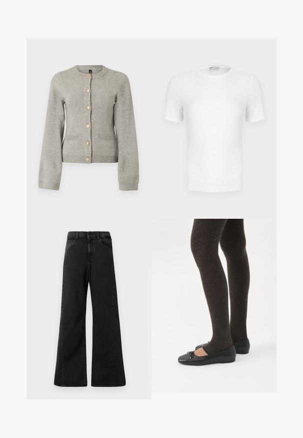 Lichtgrijze gebreide cardigan met een ronde halslijn, lange mouwen en goudkleurige knopen aan de voorkant. Beschikt over twee voorzakken.; Witte korte mouwen geribde T-shirt met een ronde hals, een aangesloten pasvorm en een klein merklabel aan de binnenkant van de kraag.; Hoge taille zwarte denim jeans met een wijdere pijpdesign, met voorzakken en een knoopsluiting bij de taille.; Benen met donkere geribbelde leggings gecombineerd met zwarte ballerina's met kleine strikdetails op een witte achtergrond.