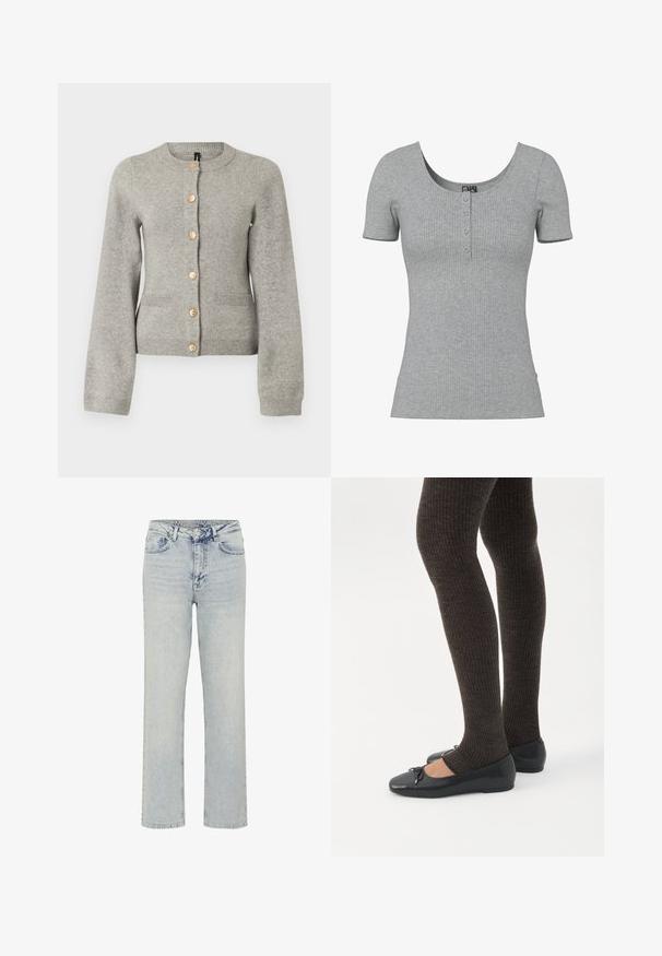 Lys grå strikket cardigan med rund halsudskæring, lange ærmer og guldfarvede knapper ned foran. Har to forlommer.; Grå ribbet kortærmet top med en rund Halsudskæring og fire små knapper ned foran midt på.; My Essential Wardrobe WIDE 05 THE LOUIS 139 - Jeans Relaxed Fit - light blue dirty wash; Ben iført mørke ribbede leggings kombineret med sorte balletsko med små sløjfedetaljer på hvid baggrund.