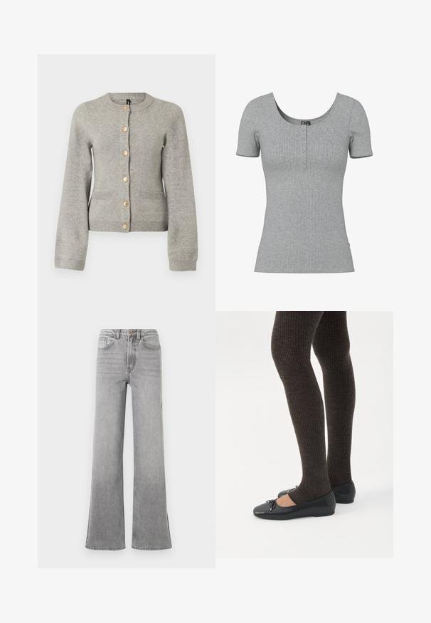 Cárdigan de punto gris claro con cuello redondo, mangas largas y botones dorados en la parte delantera. Presenta dos bolsillos frontales.; Top gris de manga corta con costillas, escote en forma de U y cuatro pequeños botones en el centro delantero.; Jeans de mezclilla gris de campana con una cintura alta, bolsillos delanteros, trabillas para el cinturón y un sutil diseño descolorido, presentados sobre un fondo blanco.; Piernas con leggings oscuros acanalados combinados con bailarinas negras que presentan pequeños detalles de lazo sobre un fondo blanco.