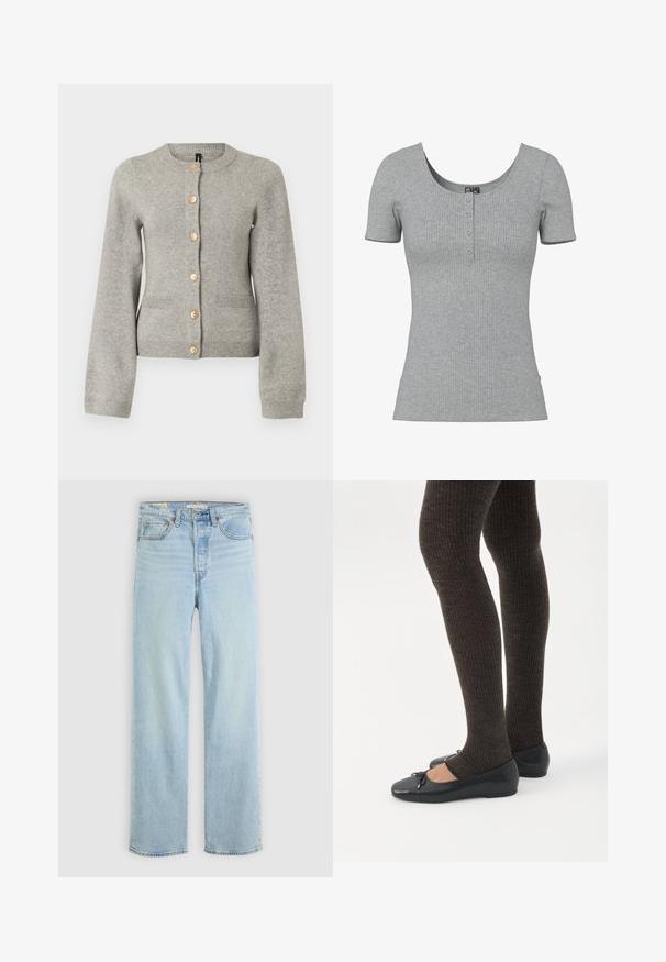 Cárdigan de punto gris claro con cuello redondo, mangas largas y botones dorados en la parte delantera. Presenta dos bolsillos frontales.; Top gris de manga corta con costillas, escote en forma de U y cuatro pequeños botones en el centro delantero.; Jeans de denim azul claro con corte recto, que cuentan con cinco bolsillos, un cierre de cremallera clásico y costuras visibles.; Piernas con leggings oscuros acanalados combinados con bailarinas negras que presentan pequeños detalles de lazo sobre un fondo blanco.