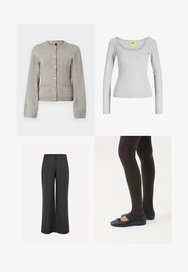 Cardigan en maille gris clair avec un col rond, des manches longues et des boutons dorés sur le devant. Il dispose de deux poches avant.; Haut gris clair à manches longues, ajusté, avec un large col en forme de scoop et une étiquette de marque jaune "JJXX" cousue à l'intérieur du col.; Pantalons larges noirs avec des rayures blanches, dotés d'une taille lisse et d'une coupe décontractée pour plus de confort, fabriqués en tissu léger.; Jambes portant des leggings côtelés foncés associés à des ballerines noires avec de petits détails en nœud sur fond blanc.
