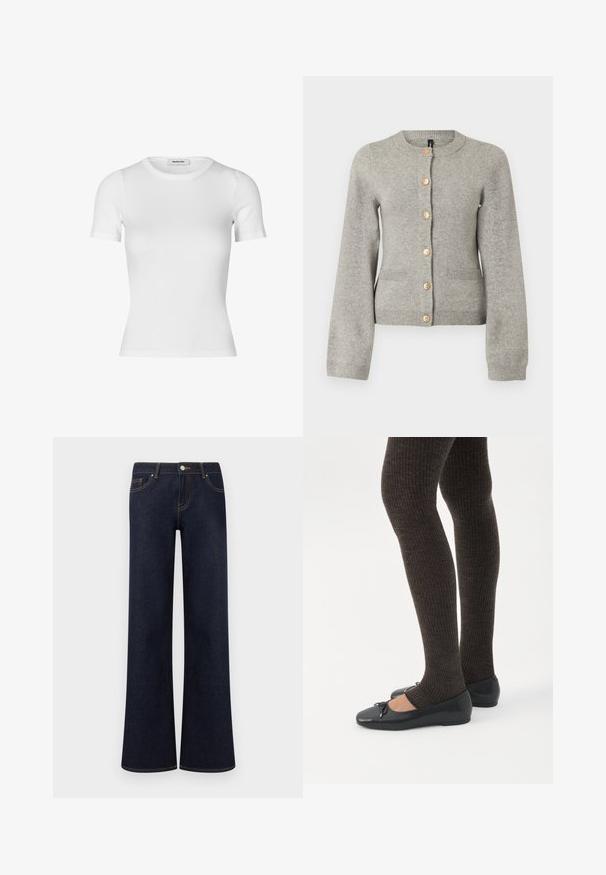 Cardigan en maille gris clair avec un col rond, des manches longues et des boutons dorés sur le devant. Il dispose de deux poches avant.; T-shirt blanc à manches courtes en tissu côtelé. Comprend un col rond et une silhouette ajustée. Texture lisse sans motifs.; Jean en denim bleu foncé à jambes larges avec poches avant, fermeture par bouton et fermeture éclair, et coutures contrastantes visibles.; Jambes portant des leggings côtelés foncés associés à des ballerines noires avec de petits détails en nœud sur fond blanc.