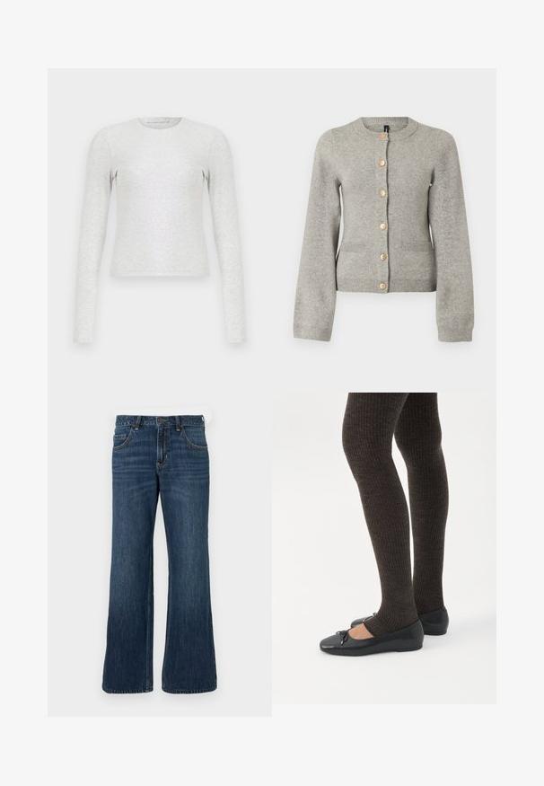 Cardigan en maille gris clair avec un col rond, des manches longues et des boutons dorés sur le devant. Il dispose de deux poches avant.; T-shirt gris à manches longues en tissu doux et extensible. Présente un col rond et une coupe ajustée. Texture lisse sans motifs.; Jean large bleu foncé avec une conception classique à cinq poches, doté d'une fermeture à bouton et de légères décolorations. Fabriqué en tissu denim.; Jambes portant des leggings côtelés foncés associés à des ballerines noires avec de petits détails en nœud sur fond blanc.