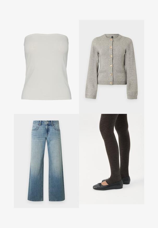 Cárdigan de punto gris claro con cuello redondo, mangas largas y botones dorados en la parte delantera. Presenta dos bolsillos frontales.; Top sin tirantes de tela beige claro, diseño ajustado con una textura suave, bordes sin costuras y sin patrones ni detalles de hardware visibles.; Vaqueros de pierna ancha en azul claro con acabado desteñido, con cierre de botones, cinco bolsillos y costuras decorativas a lo largo de las costuras.; Piernas con leggings oscuros acanalados combinados con bailarinas negras que presentan pequeños detalles de lazo sobre un fondo blanco.