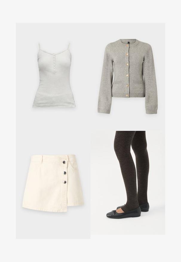 Cardigan en maille gris clair avec un col rond, des manches longues et des boutons dorés sur le devant. Il dispose de deux poches avant.; Débardeur blanc sans manches avec fines bretelles et une rangée verticale de sept boutons au centre devant.; Mini-jupe en denim couleur crème avec fermeture asymétrique à boutons, passants de ceinture et poches avant.; Jambes portant des leggings côtelés foncés associés à des ballerines noires avec de petits détails en nœud sur fond blanc.