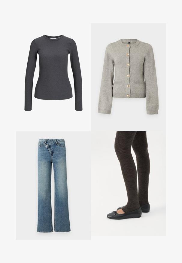 Lys grå strikket cardigan med rund halsudskæring, lange ærmer og guldfarvede knapper ned foran. Har to forlommer.; Langærmet, ribbet top i mørkegrå. Har en rund halsudskæring og tætsiddende silhuet. Fremstillet af et strækbart stof for komfort.; Lyseblå denim jeans med vide ben og høj talje, let falmet effekt og knaplukning foran. Har fem lommer og minimal syning.; Ben iført mørke ribbede leggings kombineret med sorte balletsko med små sløjfedetaljer på hvid baggrund.