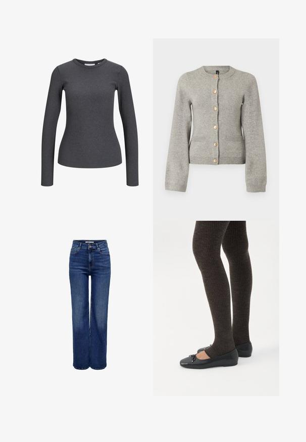 Lys grå strikket cardigan med rund halsudskæring, lange ærmer og guldfarvede knapper ned foran. Har to forlommer.; Langærmet, ribbet top i mørkegrå. Har en rund halsudskæring og tætsiddende silhuet. Fremstillet af et strækbart stof for komfort.; Jeans med høj talje og vide ben i mørkeblå denim, med knaplukning, fem lommer og kontrastsyninger.; Ben iført mørke ribbede leggings kombineret med sorte balletsko med små sløjfedetaljer på hvid baggrund.