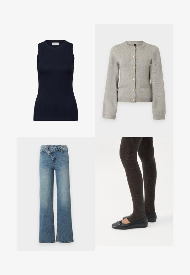 Lys grå strikket cardigan med rund halsudskæring, lange ærmer og guldfarvede knapper ned foran. Har to forlommer.; Marineblå ærmeløs top lavet af glat bomuld, med en rund halsudskæring og en tætsiddende pasform uden pynt. Afslappet og alsidig.; Lyseblå denim jeans med vide ben og høj talje, let falmet effekt og knaplukning foran. Har fem lommer og minimal syning.; Ben iført mørke ribbede leggings kombineret med sorte balletsko med små sløjfedetaljer på hvid baggrund.