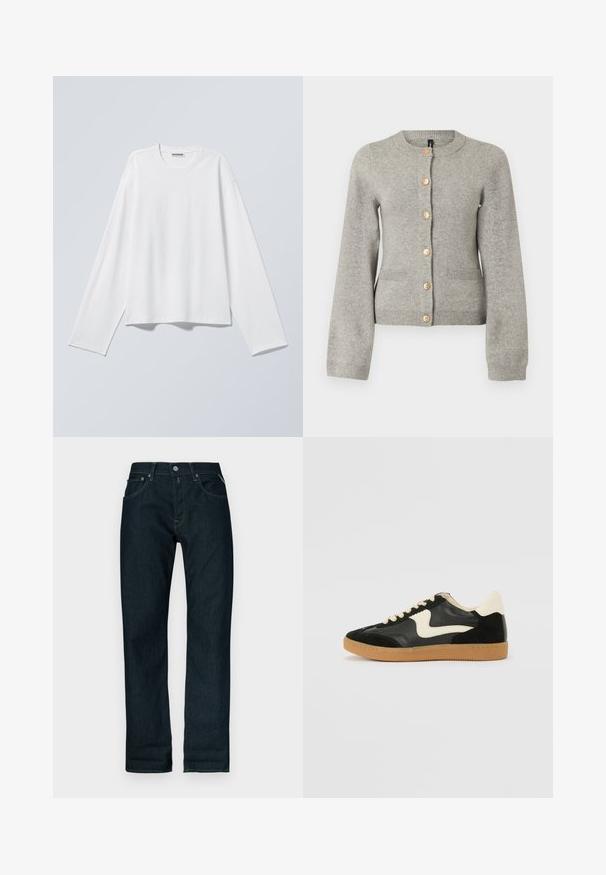 Cárdigan de punto gris claro con cuello redondo, mangas largas y botones dorados en la parte delantera. Presenta dos bolsillos frontales.; Camiseta blanca de manga larga con cuello redondo y un ajuste relajado, mostrada plana sobre un fondo gris claro.; Vaqueros vaqueros azul oscuro de pierna recta con botón frontal y bolsillos, mostrados sobre un fondo blanco.; Zapatillas de deporte de ante y cuero negro con un swoosh lateral en crema y un talón en crema claro. Presenta cordones beige y una suela de goma marrón.