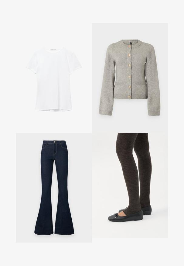 Cardigan en maille gris clair avec un col rond, des manches longues et des boutons dorés sur le devant. Il dispose de deux poches avant.; T-shirt blanc à manches courtes en tissu lisse, avec un col rond et de subtils détails de couture à l'ourlet.; Jean en denim bleu foncé taille haute avec jambes évasées, bouton et zip à l'avant, et conception à cinq poches.; Jambes portant des leggings côtelés foncés associés à des ballerines noires avec de petits détails en nœud sur fond blanc.