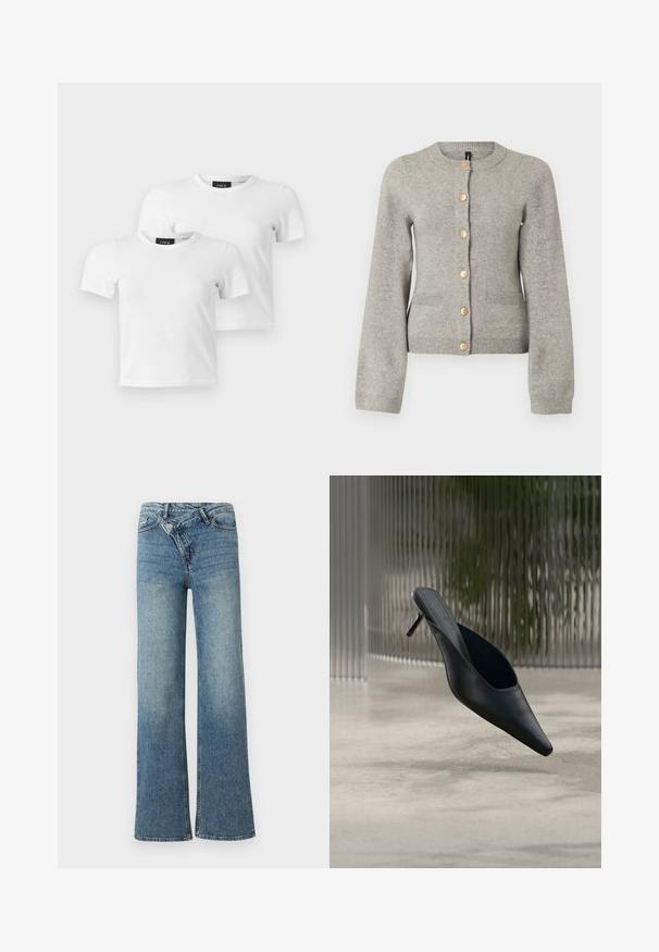 Lys grå strikket cardigan med rund halsudskæring, lange ærmer og guldfarvede knapper ned foran. Har to forlommer.; To enkle hvide T-shirts med korte ærmer og rund hals med JJXX mærke-etiketter vist på en lys grå baggrund.; Lyseblå denim jeans med vide ben og høj talje, let falmet effekt og knaplukning foran. Har fem lommer og minimal syning.; Sort mule sko med spids tå og tynd høj hæl, der svæver over en glat beton gulv med en sløret baggrund med lodrette striber.