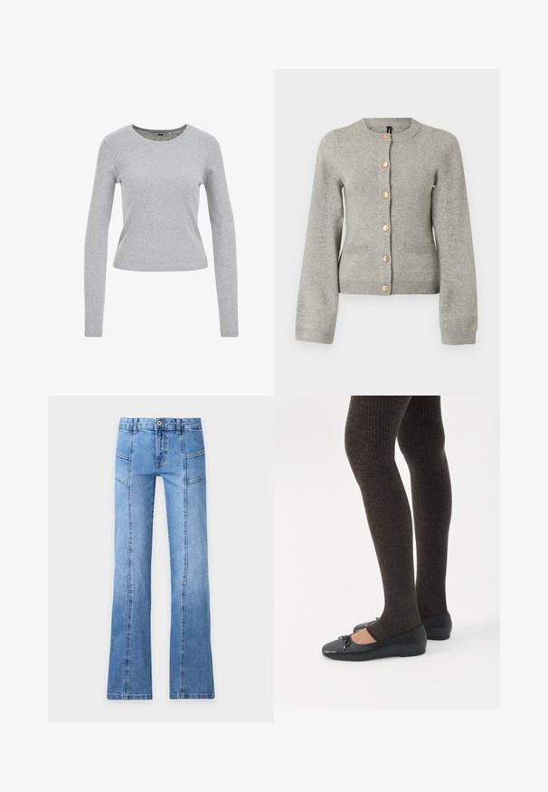 Cárdigan de punto gris claro con cuello redondo, mangas largas y botones dorados en la parte delantera. Presenta dos bolsillos frontales.; Camisa gris de manga larga hecha de una mezcla de algodón texturizado, con un escote redondo y una forma ajustada. Sin patrones ni adornos visibles.; Vaqueros de mezclilla azul claro con tiro alto, botón delantero, cremallera, detalles en las costuras y piernas ligeramente acampanadas sobre un fondo liso.; Piernas con leggings oscuros acanalados combinados con bailarinas negras que presentan pequeños detalles de lazo sobre un fondo blanco.