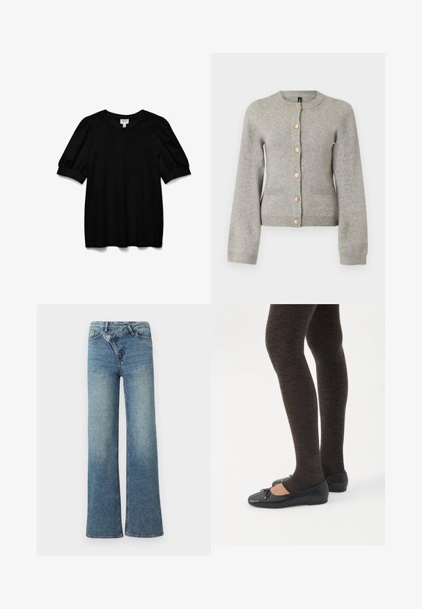 Hellgraue Strickjacke mit rundem Ausschnitt, langen Ärmeln und goldfarbenen Knöpfen auf der Vorderseite. Verfügt über zwei Taschen auf der Vorderseite.; Schwarzes Kurzarmoberteil mit Rundhalsausschnitt, aus glattem Stoff. Mit Puffärmeln und lockerer Passform. Einfaches, ungeschmücktes Design.; Hellblaue Jeans aus Denim mit weitem Bein, hoher Taille, leichter Verblassung und Knopfverschluss vorne. Verfügt über fünf Taschen und minimale Nähte.; Beine in dunklen, gerippten Leggings kombiniert mit schwarzen Ballerinas mit kleinen Schleifendetails auf weißem Hintergrund.
