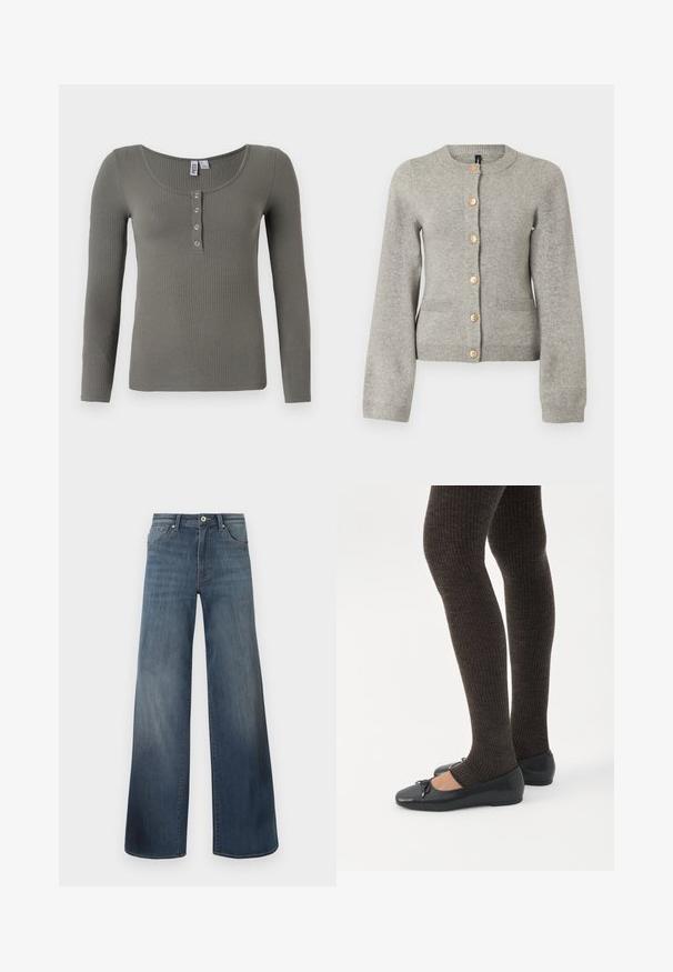 Lys grå strikket cardigan med rund halsudskæring, lange ærmer og guldfarvede knapper ned foran. Har to forlommer.; Olivengrøn ribstrikket langærmet top med rund halsudskæring og fire sølvfarvede trykknapper på frontpladen.; Bredde denim jeans i mørkeblå, med en slidteknik, knaplukning og fem-lomme stil. Glat tekstur, minimal syning detaljer.; Ben iført mørke ribbede leggings kombineret med sorte balletsko med små sløjfedetaljer på hvid baggrund.
