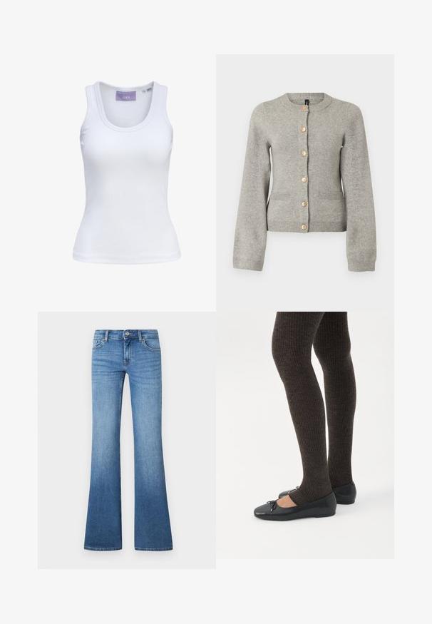 Cárdigan de punto gris claro con cuello redondo, mangas largas y botones dorados en la parte delantera. Presenta dos bolsillos frontales.; Camiseta de tirantes blanca acanalada con escote redondo y etiqueta de la marca JJXX dentro del cuello, talla pequeña.; Vaqueros acampanados de mezclilla en azul claro. Presentan un diseño de cinco bolsillos, cierre con botón de metal y un sutil desgaste cerca de las rodillas.; Piernas con leggings oscuros acanalados combinados con bailarinas negras que presentan pequeños detalles de lazo sobre un fondo blanco.