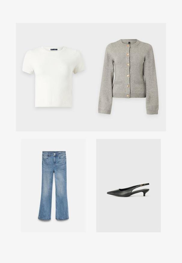 Hellgraue Strickjacke mit rundem Ausschnitt, langen Ärmeln und goldfarbenen Knöpfen auf der Vorderseite. Verfügt über zwei Taschen auf der Vorderseite.; Weißes kurzärmliges T-Shirt aus einem weichen Material. Es verfügt über ein klassisches Rundhalsdesign und eine schlanke Passform ohne sichtbare Muster oder Akzente.; Hellblaue Jeans aus Denim mit hoher Taille, Doppelknopfverschluss, Taschen vorne und hinten und leicht ausgestellten Beinen.; Schwarzer Slingback-Schuh mit spitzem Zehenbereich aus glattem Leder. Mit einem dünnen Absatz und einer dekorativen Schnalle am verstellbaren Riemen.