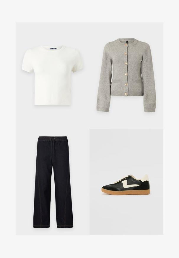 Lichtgrijze gebreide cardigan met een ronde halslijn, lange mouwen en goudkleurige knopen aan de voorkant. Beschikt over twee voorzakken.; Witte korte mouwen t-shirt gemaakt van een zachte stof. Heeft een klassiek ronde hals ontwerp en een slanke pasvorm zonder zichtbare patronen of accenten.; Donkere denim wijde broek met een elastische tailleband met trekkoord, contrasterende oranje stiksels en rechte, strakke lijnen.; Zwarte suède en leren sneaker met een crèmekleurige zij-swoosh en lichte crèmekleurige hiel. Voorzien van beige veters en een gumrubberen zool.