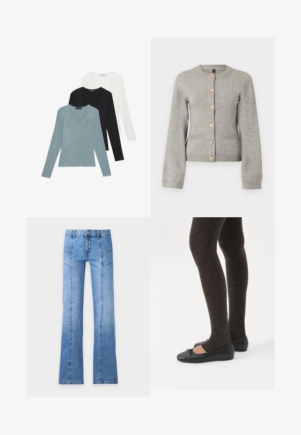 Lys grå strikket cardigan med rund halsudskæring, lange ærmer og guldfarvede knapper ned foran. Har to forlommer.; Tre langærmede toppe i lys blå, sort og hvid. Designet har en rund udskæring og en blød, let stoftekstur.; Lyseblå denimjeans med højt talje, frontknap, lynlås, sømdetaljer og let udvidede ben på en ensfarvet baggrund.; Ben iført mørke ribbede leggings kombineret med sorte balletsko med små sløjfedetaljer på hvid baggrund.
