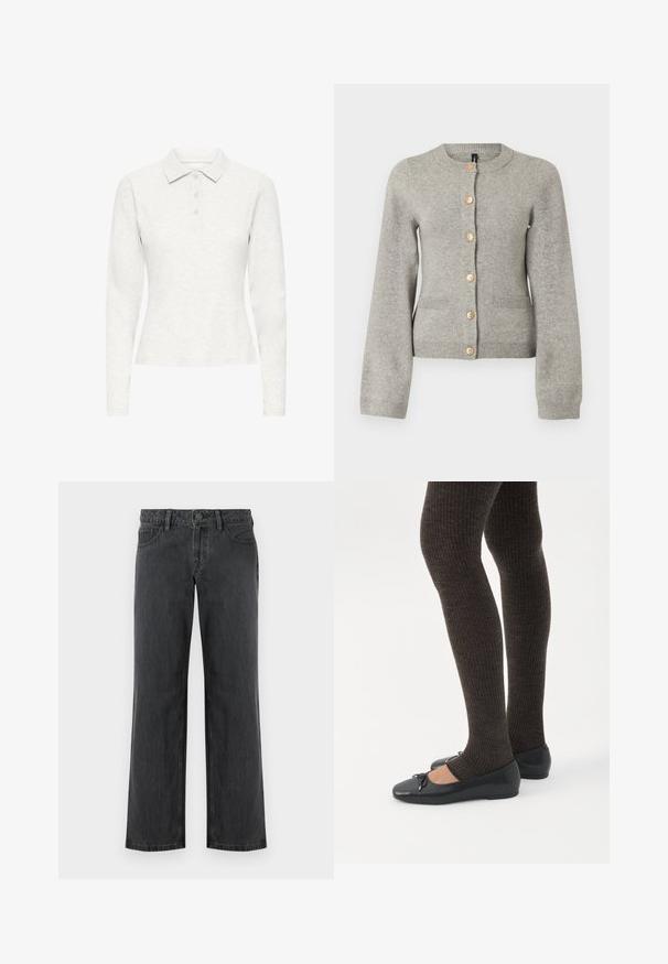 Cárdigan de punto gris claro con cuello redondo, mangas largas y botones dorados en la parte delantera. Presenta dos bolsillos frontales.; Camisa polo blanca de manga larga con tres botones, fabricada en un tejido suave y texturizado, con un cuello clásico, mostrada de frente sobre un fondo plano.; Jeans de pierna ancha de color gris oscuro hechos de mezclilla, con una cinturilla estándar, cinco bolsillos y cierre de botón. Textura lisa y costuras uniformes.; Piernas con leggings oscuros acanalados combinados con bailarinas negras que presentan pequeños detalles de lazo sobre un fondo blanco.