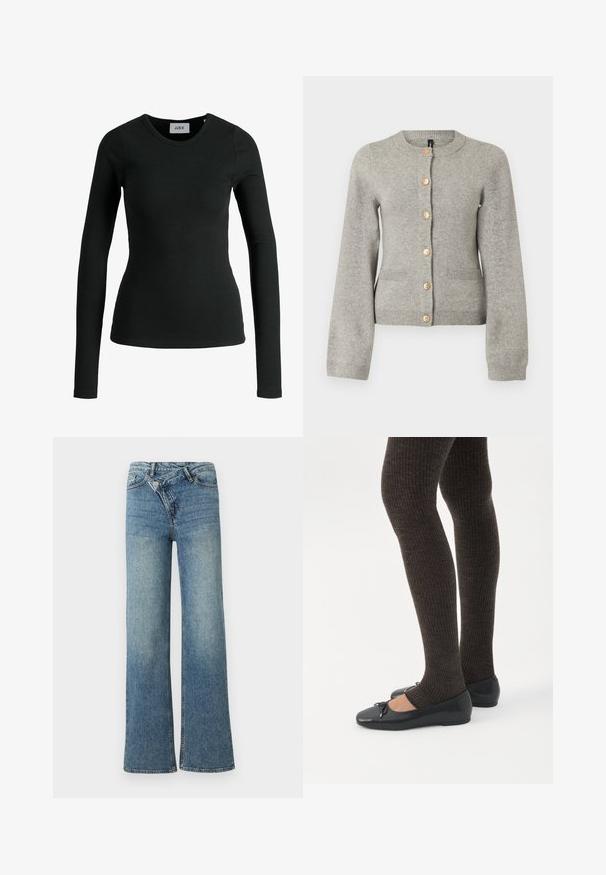 Cardigan en maille gris clair avec un col rond, des manches longues et des boutons dorés sur le devant. Il dispose de deux poches avant.; T-shirt à manches longues noir en tissu côtelé extensible avec un col rond. Présente une construction sans coutures et un design ajusté.; Jean en denim bleu clair à jambes larges avec une taille haute, un délavage clair et une fermeture à bouton à l'avant. Comprend cinq poches et des coutures minimales.; Jambes portant des leggings côtelés foncés associés à des ballerines noires avec de petits détails en nœud sur fond blanc.