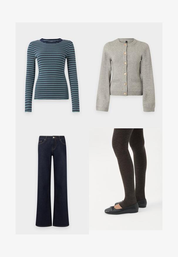 Cardigan en maille gris clair avec un col rond, des manches longues et des boutons dorés sur le devant. Il dispose de deux poches avant.; Haut ajusté à manches longues en marine avec des rayures horizontales blanches et bleu-vert alternées. Texture côtelée douce, col rond et design simple.; Jean en denim bleu foncé à jambes larges avec poches avant, fermeture par bouton et fermeture éclair, et coutures contrastantes visibles.; Jambes portant des leggings côtelés foncés associés à des ballerines noires avec de petits détails en nœud sur fond blanc.
