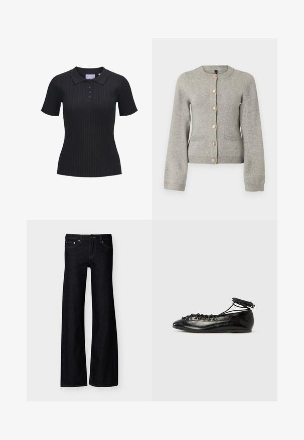 Hellgraue Strickjacke mit rundem Ausschnitt, langen Ärmeln und goldfarbenen Knöpfen auf der Vorderseite. Verfügt über zwei Taschen auf der Vorderseite.; Schwarzes, kurzärmeliges, geripptes Poloshirt mit vier Knöpfen und klassischem Kragen.; Schwarze Jeans mit weitem Bein, Vordertaschen, Knopfverschluss und sichtbaren Nähten, präsentiert vor einem schlichten weißen Hintergrund.; Schwarze Ballerinas aus Lackleder mit runder Spitze, Schnürdesign und flacher Sohle. Glatte Textur mit minimaler Verzierung.