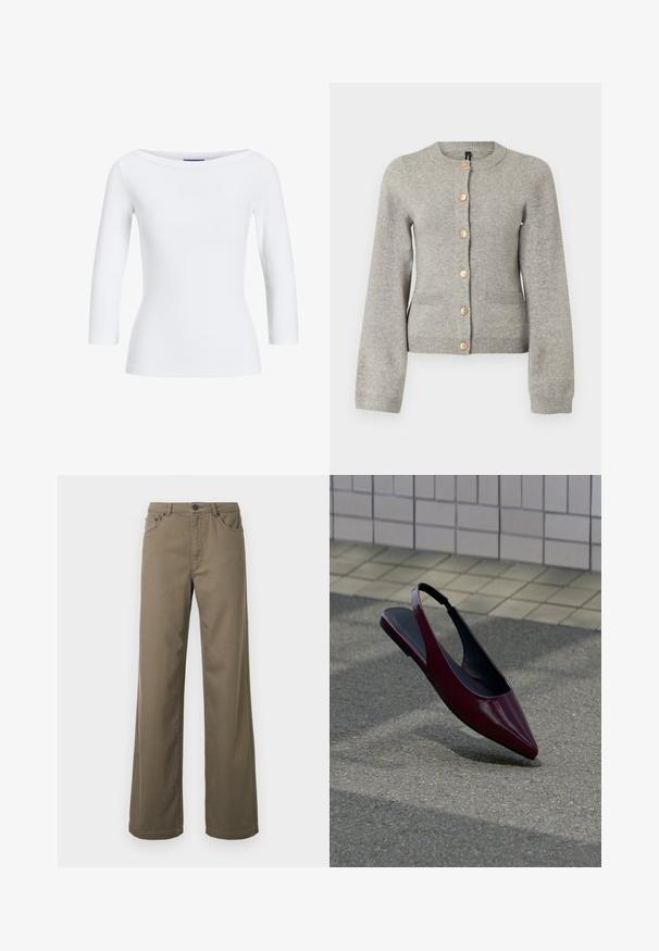 Lichtgrijze gebreide cardigan met een ronde halslijn, lange mouwen en goudkleurige knopen aan de voorkant. Beschikt over twee voorzakken.; Witte geribbelde longsleeve top met een bootnek. De stof is soepel, aansluitend en heeft een nette afwerking bij de mouwen en de zoom.; Wijd uitlopende broek van olijfgroen katoen, met knoopsluiting, riemlussen en vijfzakkenontwerp met een gladde, duurzame textuur.; Donkerrode lakleren slingback platte schoen met spits toelopende neus zwevend boven een getextureerde bestrating bij een betegelde muur.