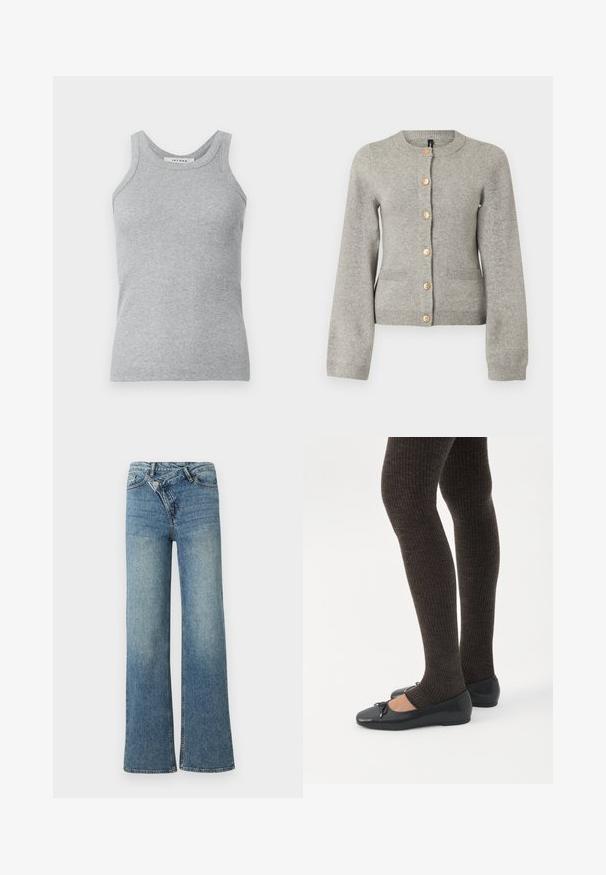 Cárdigan de punto gris claro con cuello redondo, mangas largas y botones dorados en la parte delantera. Presenta dos bolsillos frontales.; Camiseta de tirantes gris con textura acanalada, escote redondo y tirantes anchos. La tela tiene una textura suave y una silueta ajustada.; Vaqueros de mezclilla azul claro de pierna ancha con cintura alta, decoloración ligera y cierre de botón en la parte delantera. Cuenta con cinco bolsillos y costuras mínimas.; Piernas con leggings oscuros acanalados combinados con bailarinas negras que presentan pequeños detalles de lazo sobre un fondo blanco.