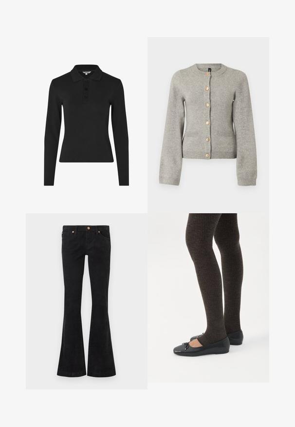 Lys grå strikket cardigan med rund halsudskæring, lange ærmer og guldfarvede knapper ned foran. Har to forlommer.; Langærmet sort polo shirt lavet af ribbet stof, med en klassisk krave og en tre-knaps placket foran.; Sorte flared cowboybukser i kordfløjl med en struktureret overflade. De har fem lommer og metalaksenter ved taljen og lommerne.; Ben iført mørke ribbede leggings kombineret med sorte balletsko med små sløjfedetaljer på hvid baggrund.
