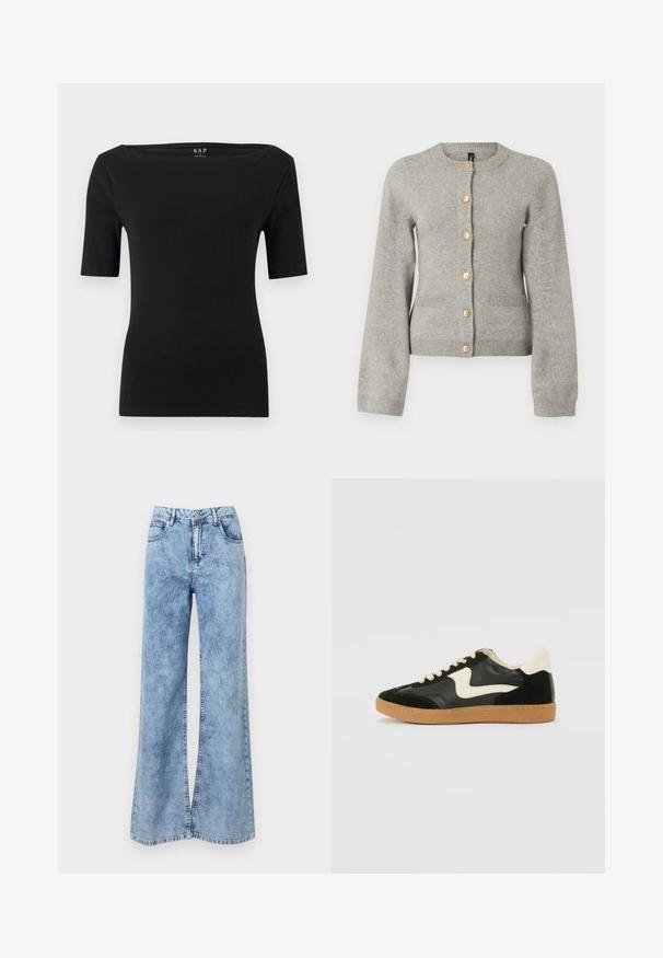 Cardigan en maille gris clair avec un col rond, des manches longues et des boutons dorés sur le devant. Il dispose de deux poches avant.; Haut noir moulant à manches courtes avec encolure bateau, en tissu lisse, étiquette taille petite, présenté sur un fond clair uni.; Jean large taille haute bleu clair avec bouton et fermeture éclair à l'avant, doté de deux poches avant et de passants pour ceinture.; Baskets en daim et cuir noir avec un swoosh latéral crème et un talon crème clair. Dotées de lacets beige et d'une semelle en caoutchouc gomme.