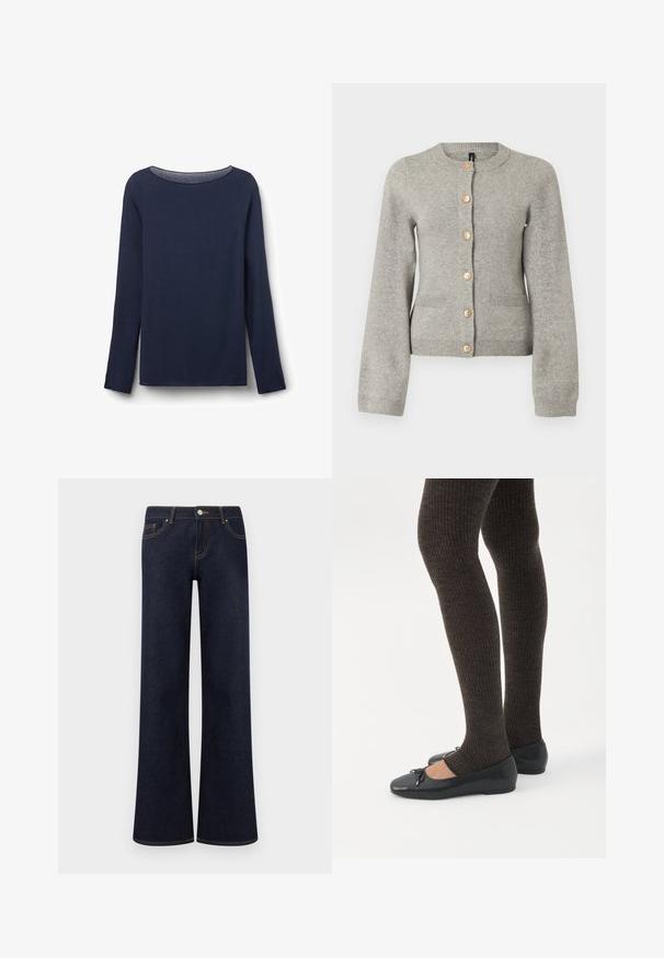 Cárdigan de punto gris claro con cuello redondo, mangas largas y botones dorados en la parte delantera. Presenta dos bolsillos frontales.; Camiseta de manga larga de color azul marino hecha de una tela suave, con un cuello redondo y un corte relajado. El dobladillo y los bordes de las mangas están cuidadosamente terminados.; Jeans vaqueros de pierna ancha en azul oscuro, con bolsillos delanteros, cierre de botón y cremallera, y costuras contrastantes visibles.; Piernas con leggings oscuros acanalados combinados con bailarinas negras que presentan pequeños detalles de lazo sobre un fondo blanco.