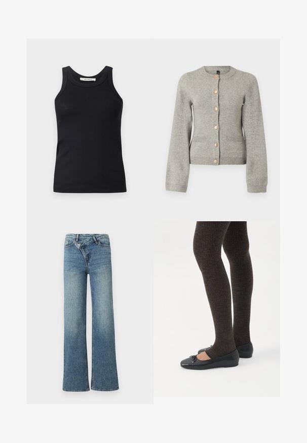 Hellgraue Strickjacke mit rundem Ausschnitt, langen Ärmeln und goldfarbenen Knöpfen auf der Vorderseite. Verfügt über zwei Taschen auf der Vorderseite.; Schwarzes, geripptes Tanktop mit Rundhalsausschnitt und breiten Trägern, aus weichem Stoff gefertigt. Keine sichtbaren Muster oder Beschläge.; Hellblaue Jeans aus Denim mit weitem Bein, hoher Taille, leichter Verblassung und Knopfverschluss vorne. Verfügt über fünf Taschen und minimale Nähte.; Beine in dunklen, gerippten Leggings kombiniert mit schwarzen Ballerinas mit kleinen Schleifendetails auf weißem Hintergrund.