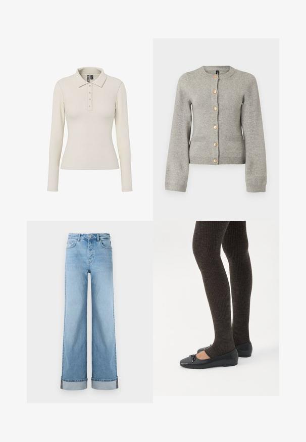 Lys grå strikket cardigan med rund halsudskæring, lange ærmer og guldfarvede knapper ned foran. Har to forlommer.; Langærmet polo-shirt i off-white ribbet stof med kravehals og fem metalknapper foran. Tætsiddende design.; Lyseblå, vide jeans i klassisk denim med høj talje, prydet med opbrettede kanter og synlig søm.; Ben iført mørke ribbede leggings kombineret med sorte balletsko med små sløjfedetaljer på hvid baggrund.
