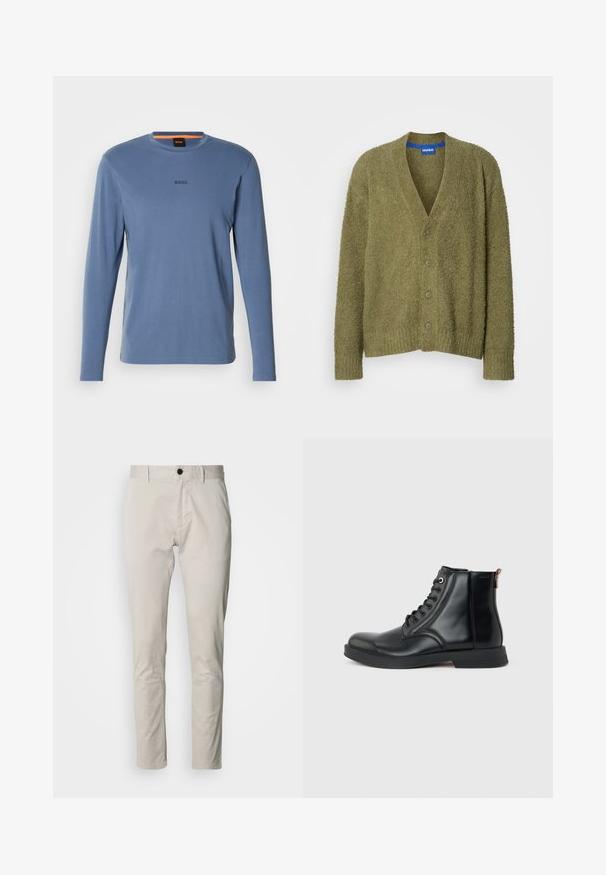Olivengrøn tekstureret cardigan med sjalskrave, knaplukning fortil med fem knapper, lange ærmer samt ribbede manchetter og kant.; Langærmet blå T-shirt lavet af blødt stof, med rund halsudskæring og "BOSS" logo i mørkegrå på brystet.; Beige, slimfit bukser lavet af bomuldsstof; har en frontlomme, knaplukning og flad detalje på linningen.; Sort læderankelstøvle med snørelukning foran, rundet tå, flad sål og træksløjfe bagpå på en ensartet lys grå baggrund.