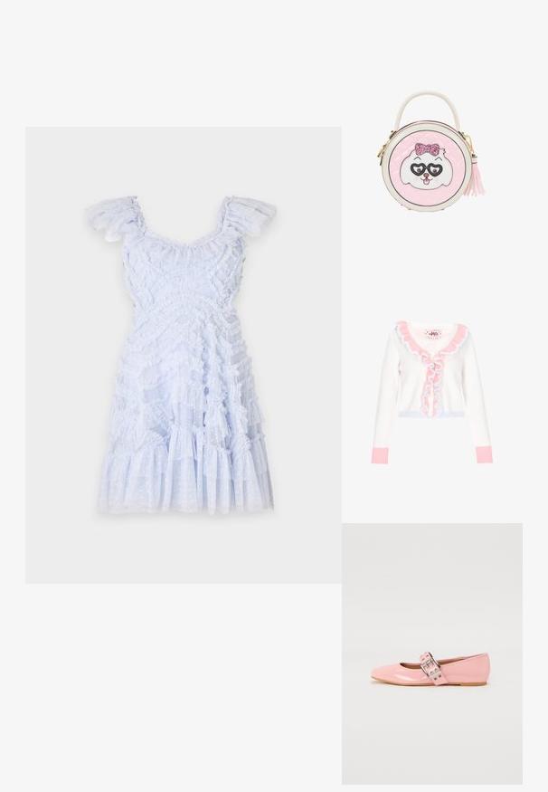 Cardigan blanc avec des accents de volants rose et bleu clair le long de l'encolure, possède un devant boutonné et des manches longues avec des bords côtelés.; Robe bleu clair avec des bretelles à volants, tissu texturé, design en couches et accents à pois. Ourlet évasé avec des volants tout au long.; Ballerines en cuir verni rose avec un bout carré, détail de sangle à boucle et une semelle en caoutchouc plate. Texture lisse sur l'ensemble.; Sac à main rond rose avec un visage de chien blanc et rose portant un nœud pailleté et des lunettes en forme de cœur, une poignée supérieure et une tirette de fermeture éclair à pompon sur le côté.