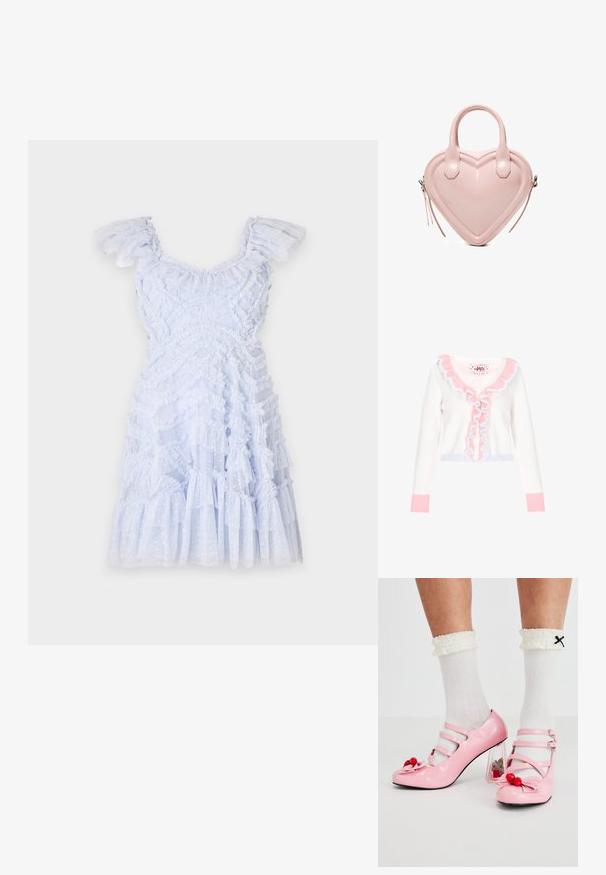 Witte cardigan met roze en lichtblauwe ruffels langs de halslijn, heeft een knoopsluiting aan de voorkant en lange mouwen met ribgebreide manchetten.; Lichtblauwe jurk met gerafelde schouderbanden, gestructureerde stof, gelaagd ontwerp en stippenaccenten. Uitlopende zoom met franjes doorheen.; Roze gepatineerde leren hakken met een ronde neus, drie bandjes en kersenversieringen. Heldere blokhak met florale accenten. Witte geribbelde sokken.; Lichtroze handtas in de vorm van een hart met dubbele handgrepen en zijritsen, gemaakt van glad leer.