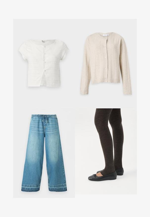 Μπεζ πλεκτή ζακέτα με μακριά μανίκια, κάθετο ριμπ ύφασμα, στρογγυλή λαιμόκοψη και πέντε κουμπιά μπροστά.; Λευκό κοντομάνικο cropped τοπ με υφασματινές οριζόντιες ρίγες και τέσσερα μικρά κουμπιά μπροστά, ελαφρώς ανοιχτό στο κάτω μέρος.; Φαρδιές παντελόνες από τζιν σε ανοιχτό γαλάζιο με ελαστική μέση και κορδόνι, μπροστινές τσέπες και διακριτικές ξεβαμμένες λεπτομέρειες.; Πόδια με σκουρόχρωμα ριμπ κολάν συνδυασμένα με μαύρα μπαλαρίνα παπούτσια με μικρές λεπτομέρειες φιόγκων σε λευκό φόντο.