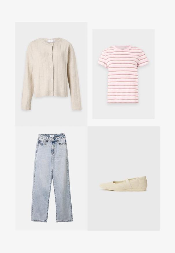 Beige strikket cardigan med lange ærmer, lodret ribbet mønster, rund halsudskæring og fem knapper foran.; Lyserød og hvid T-shirt med korte ærmer og tynde horisontale brune striber, rund hals og afslappet pasform.; Lysblå lige ben jeans lavet af denim, med to frontlommer, en knaplukning og kontraststing langs sømmene.; Lysebrune ballet flats med en glat læderoverflade, mandelformet tå og elastisk rem over vristen, med diskrete syninger.
