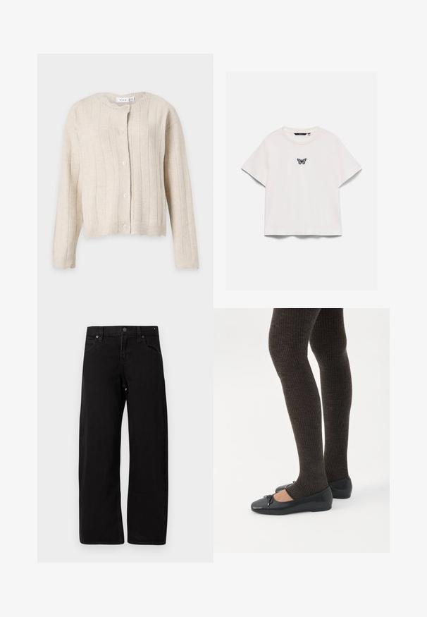 Cardigan beige en tricot avec manches longues, motif côtelé vertical, encolure ronde et cinq boutons sur le devant.; T-shirt blanc à manches courtes avec col rond et petit motif papillon violet et noir centré sur la poitrine.; Jean noir à jambes droites avec cinq poches, fermeture à bouton et passants pour ceinture, présenté à plat sur un fond clair.; Jambes portant des leggings côtelés foncés associés à des ballerines noires avec de petits détails en nœud sur fond blanc.