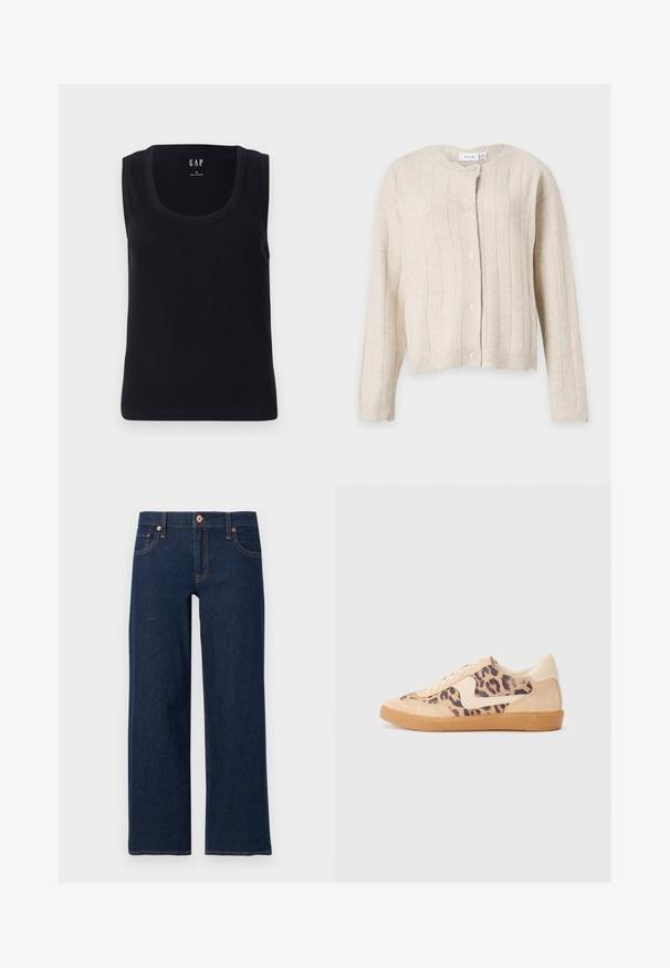 Beige strikket cardigan med lange ærmer, lodret ribbet mønster, rund halsudskæring og fem knapper foran.; Sort ribbet tanktop med rund halsudskæring, ærmeløs design og tætsiddende silhuet. Mærket er vist i den øverste midte.; Mørkeblå jeans med lige ben, forreste knap og lynlås, fem lommer og synlige orange syninger på en grå baggrund.; Leopardprint sneakers med beige ruskindsoverdel, tan gummisål og hvide detaljer. Rund pegefinger og snørebåndsdesign med en tekstureret finish.