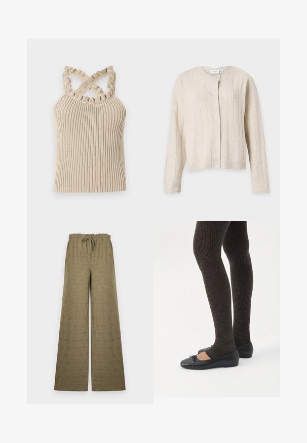 Cardigan beige en tricot avec manches longues, motif côtelé vertical, encolure ronde et cinq boutons sur le devant.; Débardeur beige côtelé avec un col à volants et des bretelles croisées, présentant une silhouette ajustée et un tissu texturé.; Pantalon kaki à jambes larges avec motif à œillets, taille élastique et cordon, présenté sur un fond clair uni.; Jambes portant des leggings côtelés foncés associés à des ballerines noires avec de petits détails en nœud sur fond blanc.
