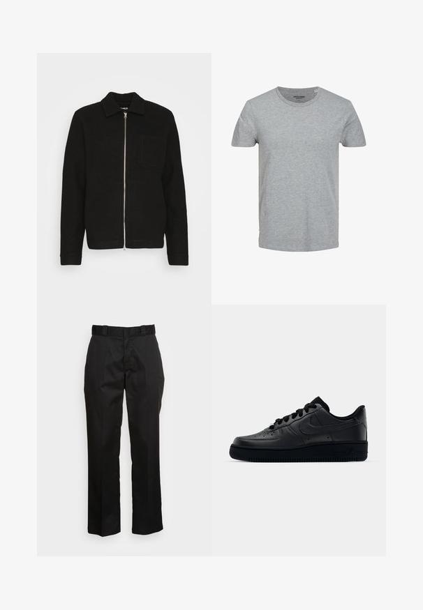 Samsøe Samsøe HANNES FULL ZIP - Lichte jas - black; Grijze T-shirt met korte mouwen, gemaakt van zachte katoen. Kenmerkt zich door een klassieke ronde halslijn en een reguliere pasvorm. Eenvoudig ontwerp zonder patronen of accenten.; Zwarte broek van een gladde stof, met een rechte pijp ontwerp, riemlussen en twee zijzakken. Klassieke uitstraling zonder versieringen.; Zwarte Nike Air Force 1 sneaker met een gladde leren bovenkant, geperforeerde neus voor ademend vermogen, zwarte veters en een getextureerde rubberen zool.