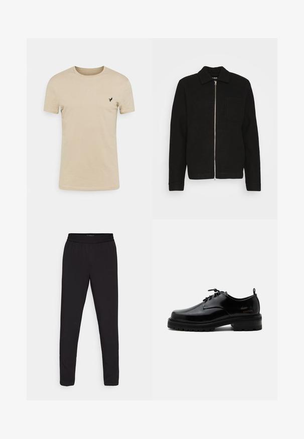 Samsøe Samsøe HANNES FULL ZIP - Καλοκαιρινό μπουφάν - black; Μπεζ κοντομάνικο μπλουζάκι από μαλακό υλικό, με στρογγυλή λαιμόκοψη και ένα μικρό μαύρο λογότυπο που απεικονίζει ένα πουλί στην αριστερή περιοχή του στήθους.; Μαύρο tapered παντελόνι με ελαστική μέση, φτιαγμένο από έναν λείο, ελαφρύ ύφασμα, χωρίς ορατά σχέδια ή μεταλλικά στοιχεία.; Μαύρο γυαλιστερό δερμάτινο παπούτσι με κορδόνια, χοντρή ελαστική σόλα και χαμηλό τακούνι, με πλαϊνό λογότυπο "SAMSOE" και πίσω ταινία τράβηγματος.