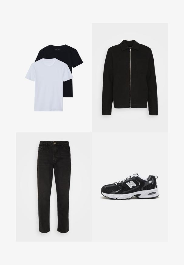 Samsøe Samsøe HANNES FULL ZIP - Veste légère - black; Deux t-shirts à manches courtes et col rond, un noir et un blanc, fabriqués en coton doux avec une texture côtelée. Design à coupe classique.; Jeans en denim noir avec une coupe droite, taille haute, fermeture à bouton et quatrepoches. Dispose d'un design classique à cinq poches.; Baskets de sport noires et grises avec un tige en mesh et en suède, présentant une semelle intermédiaire blanche, des lacets et un logo "N" audacieux sur le côté.