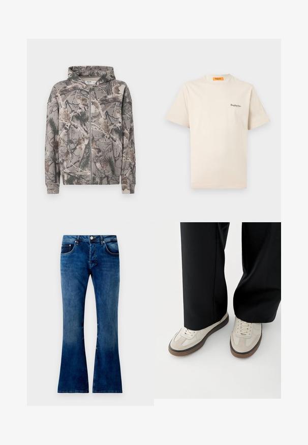 Hoodie zippé intégral avec capuche attachée, imprimé camouflage comprenant des branches d'arbres, des feuilles et des aiguilles de pin dans des tons terreux.; Replay Inc. ESSENTIAL LOGO UNISEX - T-shirt basique - ivory; Jean en denim bleu évasé avec un lavage moyen, comportant cinq poches, une fermeture à bouton et des coutures visibles. Texture lisse avec un léger dégradé.; Pieds portant des baskets beige avec des semelles marron et un pantalon noir à jambes larges sur fond blanc.