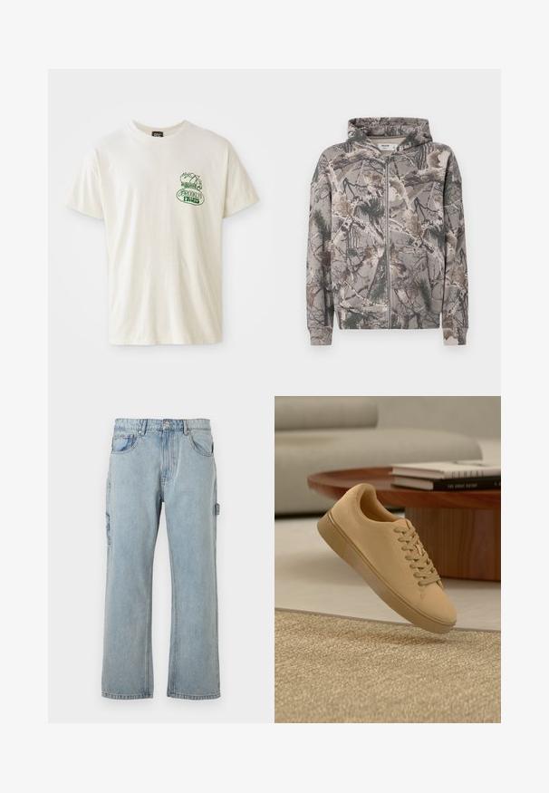 Fuld-zip hoodie med fast hætte i camouflagemønster, der har trægrene, blade og fyrnåle i jordfarver.; Kortærmet cremet t-shirt lavet af bomuld. Har et grønt "Brooklyn Fruits"-grafik med en kurv fyldt med grøntsager og et lille lastbildesign.; Lyseblå denim cargo-buks med en afslappet pasform, der har sidelommer, lige ben og synlige syninger.; Beige snørestøvler, der svæver over et tekstureret tæppe med et træ sofabord og stablede bøger i en sløret baggrund.