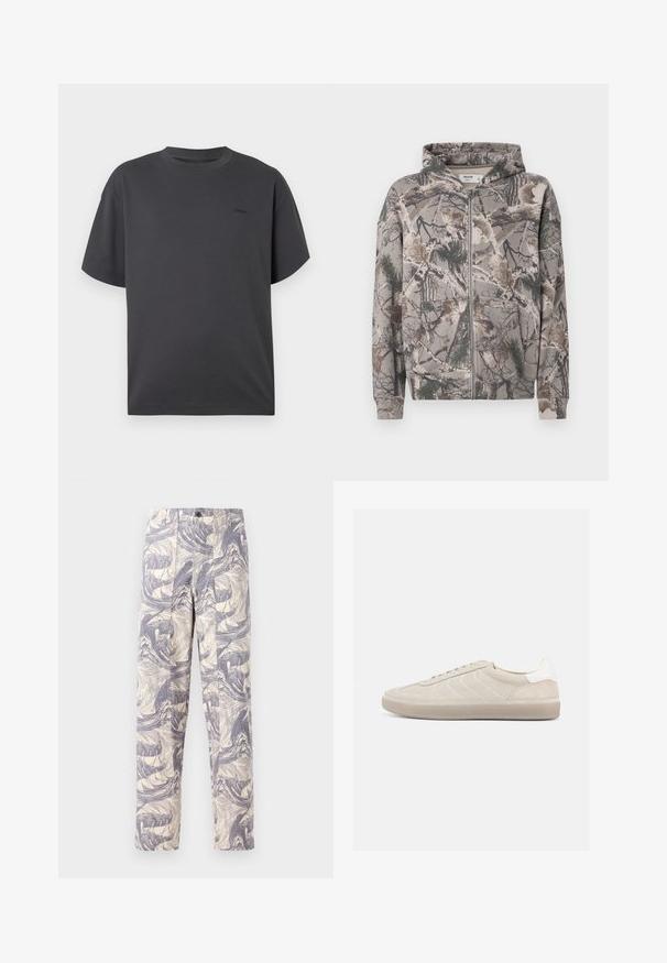 Volledige rits hoodie met vaste capuchon in camouflageprint, versierd met boomtakken, bladeren en dennennaalden in aardetinten.; Donkergrijze, kortere mouw, crew neck t-shirt met een subtiele kleine logo op de linkerkant van de borst, weergegeven op een witte achtergrond.; Lichtgewicht, crème kleurige broek met een blauw abstract golvenpatroon. Ze hebben een rechte pasvorm, met twee voorplooien en een knoopsluiting.; Beige suède sneaker met een gestructureerd bovenwerk, een gladde witte hielkap, dunne veters en een rubberen buitenzool. Heeft een slank, laag profiel.