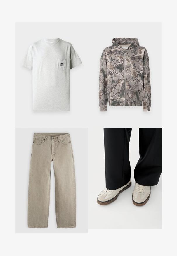 Fuld-zip hoodie med fast hætte i camouflagemønster, der har trægrene, blade og fyrnåle i jordfarver.; Herret grå bomulds t-shirt med rund halsudskæring, korte ærmer og lomme på venstre bryst, forsynet med en lille sort logo-patch.; Beige jeans med lige ben i denim med forlommer, bæltestropper, knaplukning og synlige syninger på en ensfarvet lys baggrund.; Fødder iført beige sneakers med brune såler og sorte bukser med vide ben på hvid baggrund.