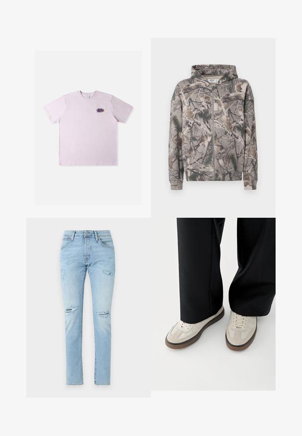 Fuld-zip hoodie med fast hætte i camouflagemønster, der har trægrene, blade og fyrnåle i jordfarver.; Lyserød bomuld T-shirt med korte ærmer, med en lille flerfarvet logo på venstre brystområde. Enkel, afslappet design.; Lyseblå denimjeans med en slank pasform, der har slidte detaljer ved knæene og et klassisk design med fem lommer.; Fødder iført beige sneakers med brune såler og sorte bukser med vide ben på hvid baggrund.